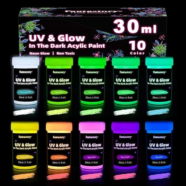 Fantastory Halloween Glow in the Dark Acrylic Paint,10 Bright Colors, 30ml/1oz Waterproof Glow in Dark Paint,Indoor Outdoor Blacklight Paint for Adults, Rocks,Wood,Crafts [MildColor Series]