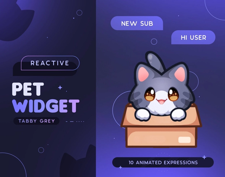 Grey Tabby Cat Stream Pet | Cute Animated Cat Inside Box Mascot Twitch Widget | Reacts to Events & Custom Commands | 10 Expressions