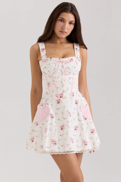 Marianella Cream Rose Print Stretch Cotton Mini Dress