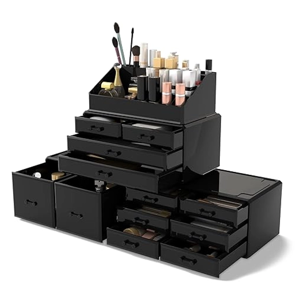 READAEER Makeup Cosmetic Organizer Storage Drawers Display Boxes Case with 12 Drawers (Black)