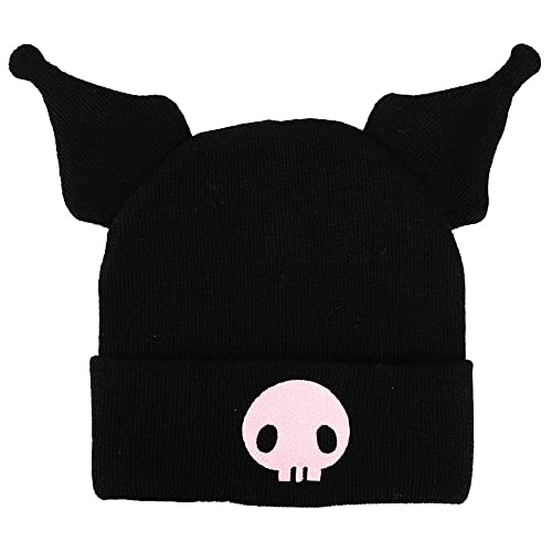 Kuromi Cuffed Knitted Embroidered Logo with 3D Plush Horns Beanie Hat Black