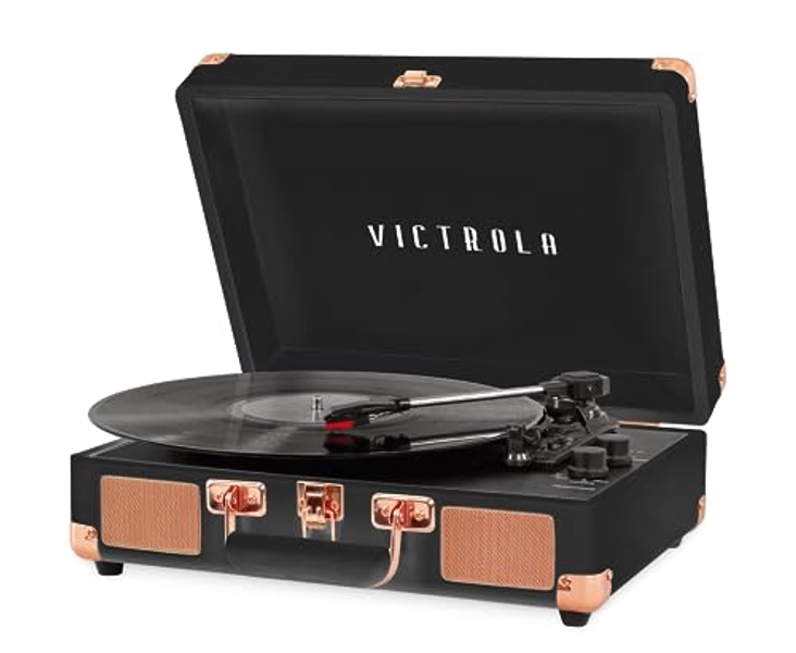 Victrola Vintage 3-Speed Bluetooth Portable Suitcase Record Player with Built-in Speakers | Upgraded Turntable Audio Sound|Black Rose Gold, Model Number: VSC-550BT-BRG