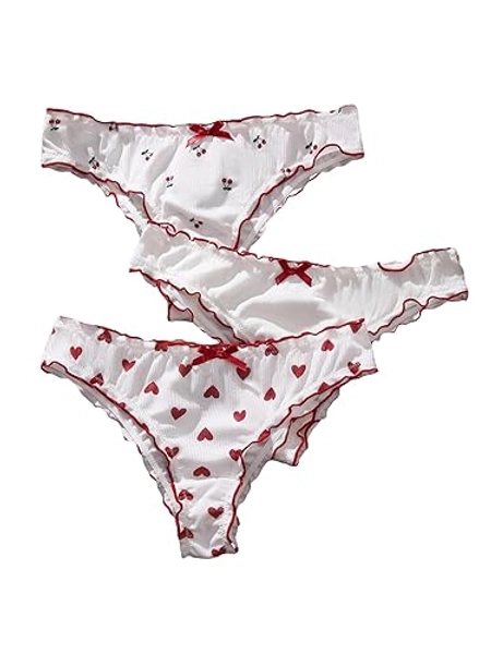SHENHE Women's 3 Packs Underwear Heart Print Cute Panties Lettuce Trim Mid Rise Comfy Briefs