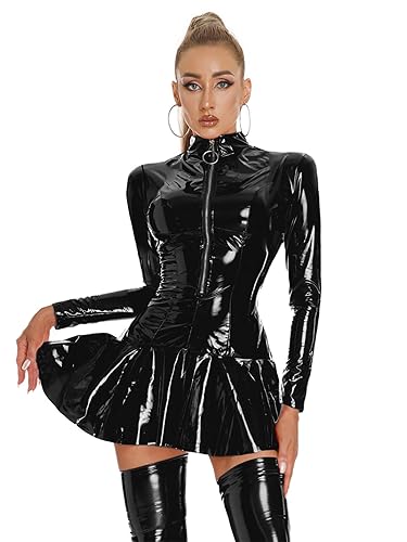inlzdz Vestido de Cuero con Mnaga Corta Sexy para Mujer Traje Brillante Wetlook Ropa Erótica Clubwear Vestido Sexy De Noche Bodydoll - L - Negro A