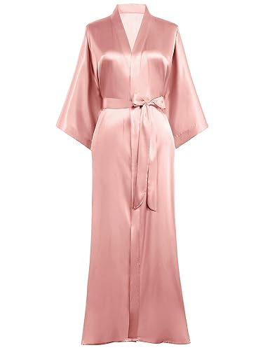 Prodesign Bata para mujer, bata de satén, kimono largo, con cinturón, monocolor, ropa de dormir ligera - Talla única - rosa