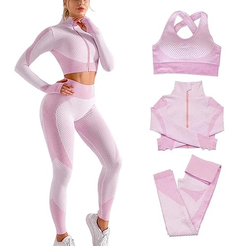Veriliss 3 Piezas Mujer Yoga Traje Entrenamiento Para, Gym Mallas de Yoga Sin Costuras y Sujetador Deportivo Elástico Ropa de Gimnasio - Rosado Morado - M