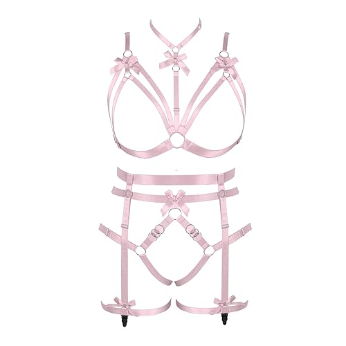 BANSSGOTH Ropa interior de tirantes de cuerpo de talla extra, ropa interior de lazo para mujeres, sujetador, cinturón, punk Halloween - Rosa