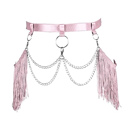 BANSSGOTH Cinturón para Mujer Medias hasta el Muslo Liguero Arnés Cuerpo Borla Cintura Alta Ahueca hacia Fuera Gótico Punk Dance Rave - Rosado