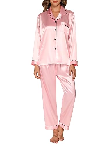 GAESHOW Conjunto de Pijama de Seda de Satén para Mujer, Conjunto de Manga Larga con Botones, Ropa de Dormir, Ropa de Descanso, Conjuntos de Dos Piezas, S-XXL - XL - Rosa
