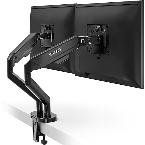 EVEO Premium Dual Monitor Mount 14"-32” Dual Monitor Arm VESA Bracket Adjustable Height Gas Spring Dual Monitor Stand, Screen Full Motion Dual Monitor Arm-Computer Monitor Stand for 2 Screens - Black - Dual Monitor Mount - Black