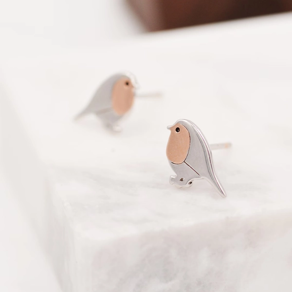 Robin Stud Earrings in Sterling Silver, Silver Bird Earrings, Silver and Rose Gold, Nature Inspired - Etsy Sweden