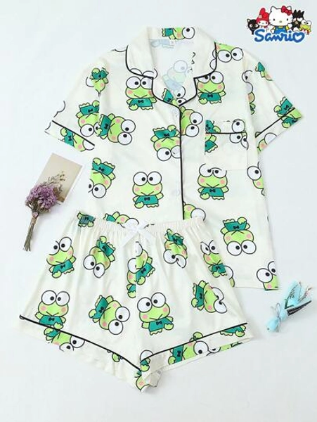 Sanrio 2 peças/Conjunto Top de Botão de Manga Curta com Bolso e Shorts com Laço, Estampa Autorizada Sanrio, Pijama Feminino, Adequado para Uso Doméstico, Primavera/Verão