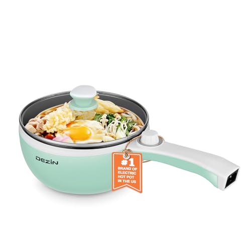 Dezin Hot Pot Electric Upgraded, Non-Stick Sauté Pan, Rapid Noodles Electric Pot, 1.5L Mini Portable Hot Pot for Steak, Egg, Fried Rice, Ramen, Oatmeal, Soup with Power Adjustment(Egg Rack Included) - Green