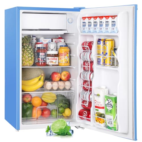 Upstreman 3.2 Cu.Ft Mini Fridge with Freezer, Single Door Mini Fridge, Dorm Fridge, Adjustable Thermostat, Mini Refrigerator for Bedroom, Office, Dorm, Blue-BR321 - Baby Blue