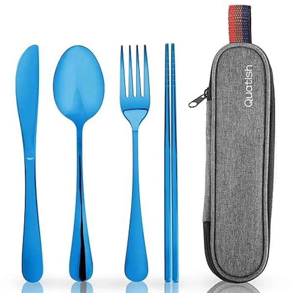 Travel Utensils with Case, Quatish Portable Silverware Set for Work, Stainless Steel Reusable Travel Cutlery Set, Fork and Spoon Set for Camping, Picnic, Gadgets, Lunch Box for Men, Blue