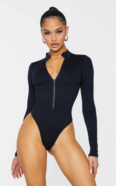 Black Contour Rib Zip Up Long Sleeve Bodysuit