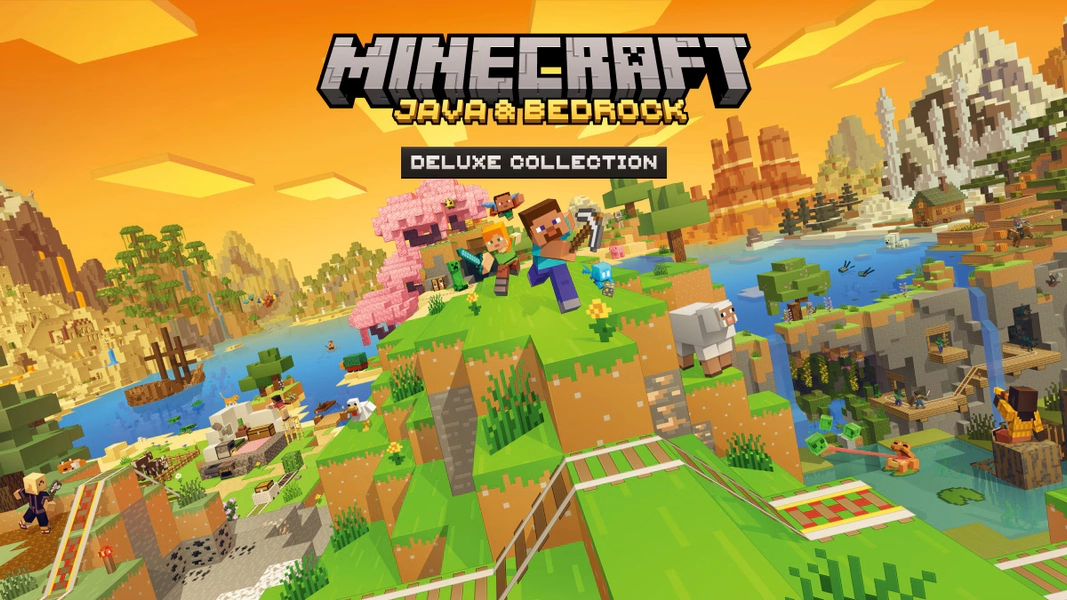 Steve and Alex run out of a cave under the text: Minecraft Java & Bedrock Deluxe Collection.