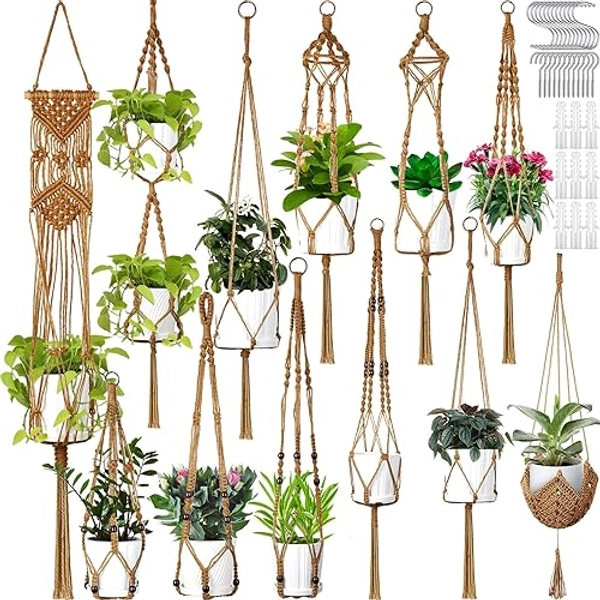 Hoteam 12 Pcs Macrame Plant Hangers Macrame Hanging Planters for Indoor Plants Handmade Boho Hanging Plant Holder for Outdoor Home Decor Wall Flower Pots Basket