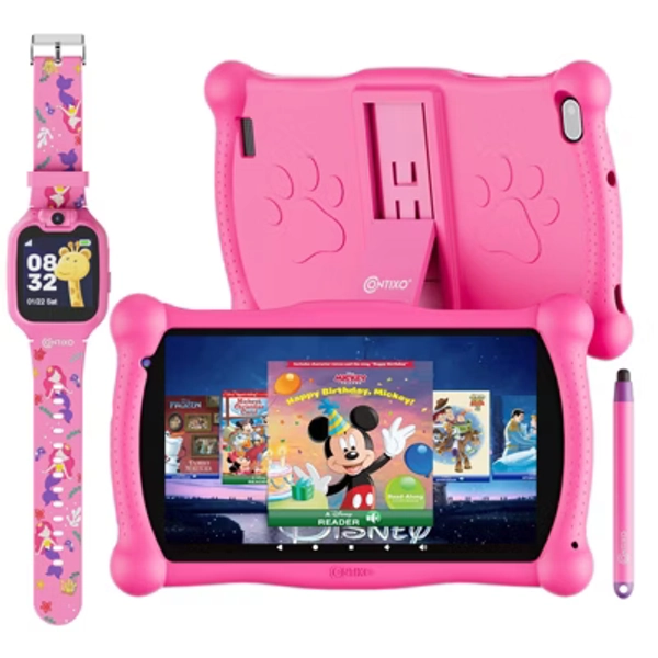 Contixo V10 2025 Kids Tablet 7" HD, 32GB, 50 Disney eBooks, Contixo Academy, Android 11, Kids Smart Watch