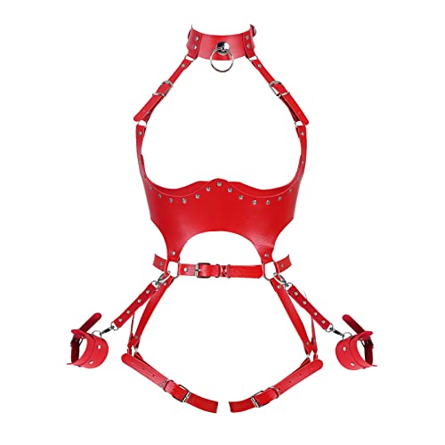 Waist Garter belt Punk Full body harness for women Photography Dance Rock Halloween Leather cage Chest strap set - Red