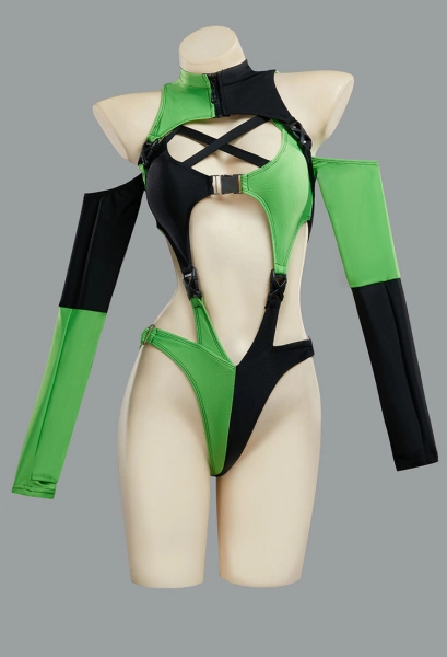 Kim Possible Shego Cosplay Gothic Black and Green Patchwork Techwear One-piece Swimsuit Cutout Bathing Suit