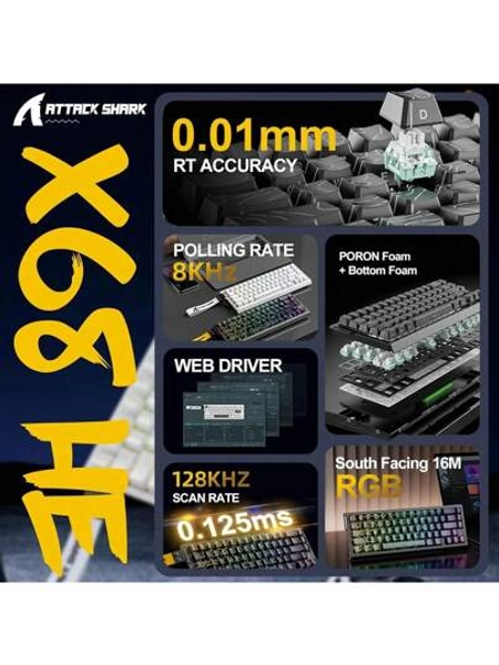 X68 HE Rapid Trigger Mechanical Gaming Keyboard 60% Wired With Adjustable Actuation,Hall Effect Magnetic Switch,8KHz Polling Rate,RGB Backlit,Top Mount,Side Printed Keycap(White Contour)