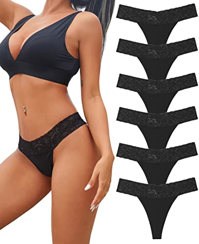 Knowyou 12/6 Pack Cotton Thongs for Women Sexy V-waist Lace Women’s Underwear Breathable No Show T-back Tanga Panties - 6 Pack A2 Black*6 - Small