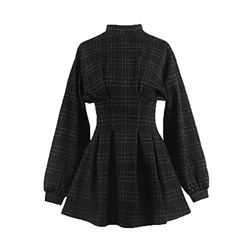 Goth Long Sleeve Dress Gothic Harajuku Vintage Plaid Wrap Balck Mini Dress Retro Pleated Punk Long Sleeve Dark - Gray Grid - X-Large