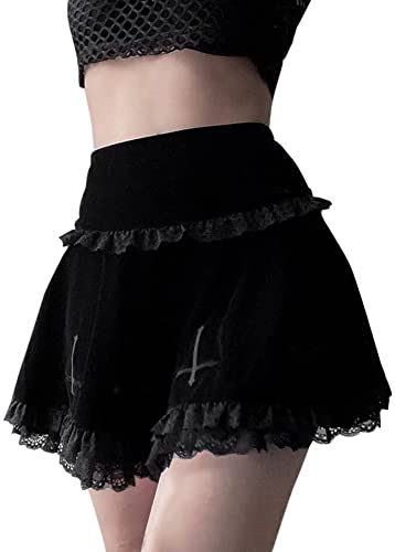 Punk Cross Print Dark Mini Skirts Chain Belt Black Uniform Pleated Skirt Women - Small - 01-lace Up Mini Skirts