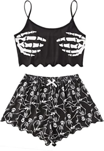 SOLY HUX Women's Cute Cartoon Print Lettuce Trim Cami Top and Shorts Cute Pajama Set Sleepwear - 3X-Large Black Skull Print