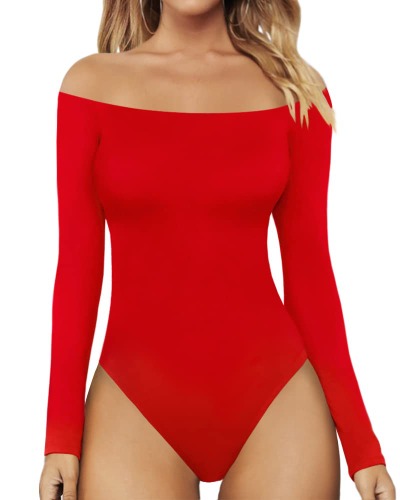 MANGOPOP Womens Off Shoulder Short Sleeve Long Sleeve Tops T Shirt Bodysuit Jumpsuit - B Long Sleeve Black X-Small