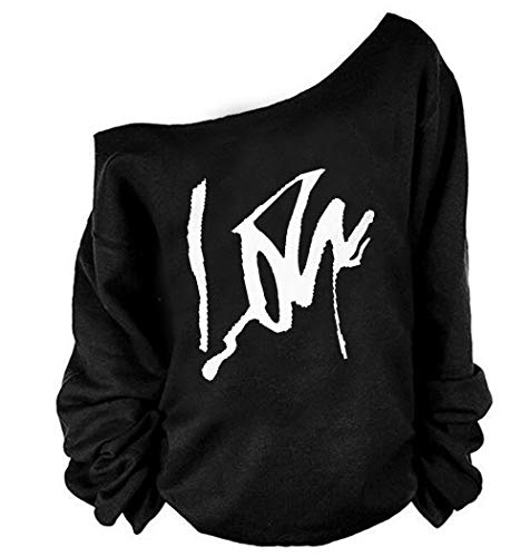 MAGICMK Woman’s Sweatershirt Lips Print Causal Blouse Off The Shoulder Long Sleeve Loose Slouchy Pullover Plus Size Tops - Balck+words - 5X-Large