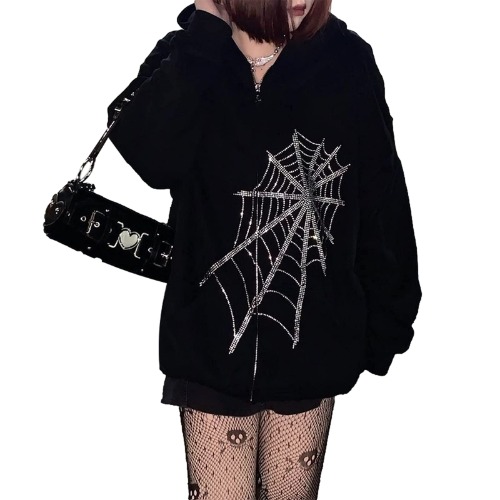 COOLMONAR Womens Y2k Rhinestone Spider Web Zip Up Hoodies Vintage Harajuku Oversized Long Sleeve E Girl Streetwear - Black Medium