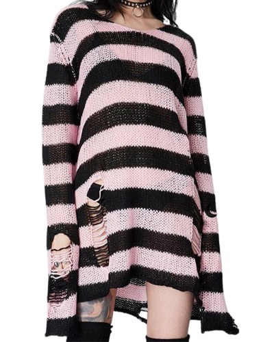 Zhiyouni Punk Gothic Sweater for Women Men Hollow Out Loose Knit Pullover Tops - Pink Medium