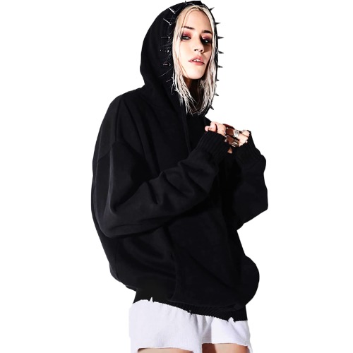 Womens Punk Gothic Hoodie with Rivet Drawstring Hoodie Ripped Hem Long Sleeve Pullover Sweatshirt - Black X-Large
