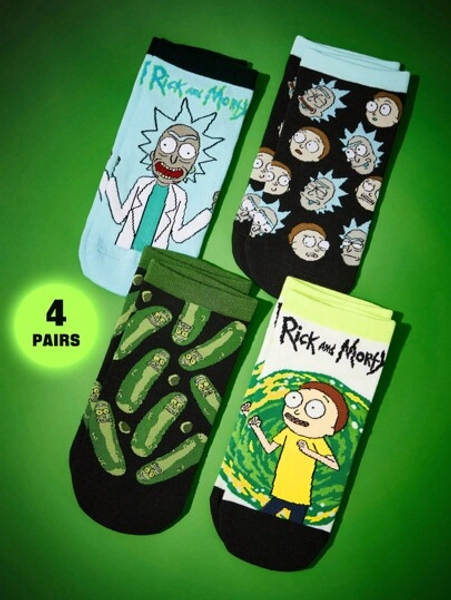 Rick and Morty X SHEIN 4 Pairs Soft Breathable Moisture-Wicking Women Short Socks, Reinforced Toe & Heel For Durability, Suitable For Spring, Summer, Autumn, Winter, Black & Blue Unisex Socks