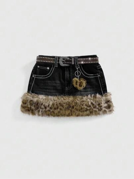 Gyaru Retro Leopard Print Fluffy Hem Mini Skirt With Belt Accessory