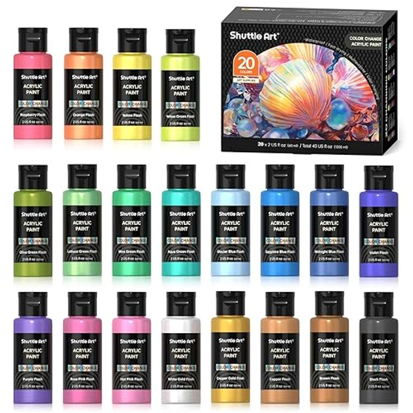 Shuttle Art Color Change Acrylic Paint, 20 Chameleon Colors Acrylic Paint, 60ml/2oz Bottles, Iridescent Paint for Artists, Beginners, Kids Painting & Crafting on Canvas, Rocks, Wood, Fabric, Ceramic