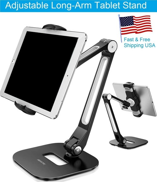 Adjustable Long Arm Tablet Stand Smartphone Holder Desktop Rotating Clamp Mount