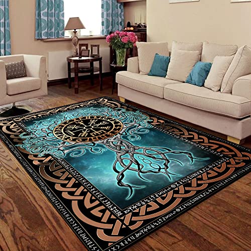 GEEMBI Living Room Rug - 5' x 8' Rug - Viking Gifts for Men - Bedroom Dinning Room Rug - Tree of Life Norse Decor Vikings Blue Area Rug - Rug for Bedroom Aesthetic - 5x8 ft - Yggdrasil Viking