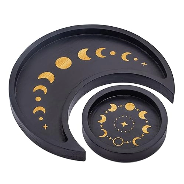 Mooncraftlogy Crescent Moon Tray Crystal Holder Set, Black Wooden Display for Stones Storage, Wicca Lunar Phases Organizer for Essential Oil Rocks, Altar Table Home