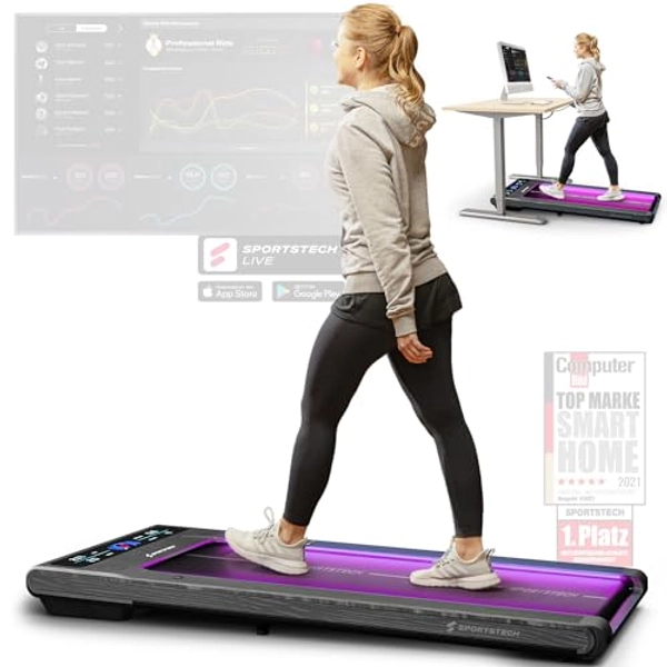 sWalk Walking Pad Laufband mit LED - Deutsche Qualitätsmarke - 1-6 km/h Geschwindigkeit mit interaktivem LCD-Display & App kompatibel - Flexibles Under Desk Schreibtisch Treadmill für Zuhause & Büro