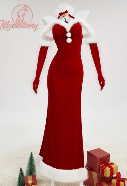 Yor Derivative Red Christmas Sexy Lingerie Dress Plush High Split Backless Long Dress with Hat Gloves