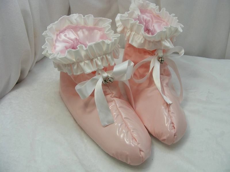 ADULT BABY SISSY BOOTIES pvc BABY  PINK SLIPPERS PADDED   OPT  BELLS  COSPLAY