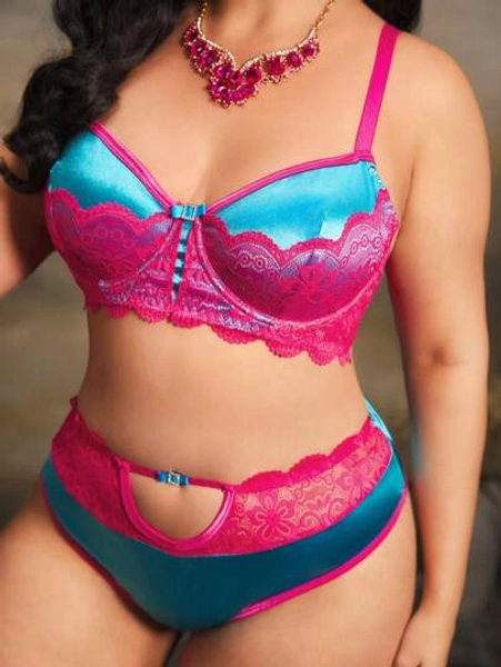 PinupGlam Plus Size 2 Pieces Vintage Style Colorblock Cage Underwire Lace Patchwork Hollow Out Satin Sexy Bra And Panty Set