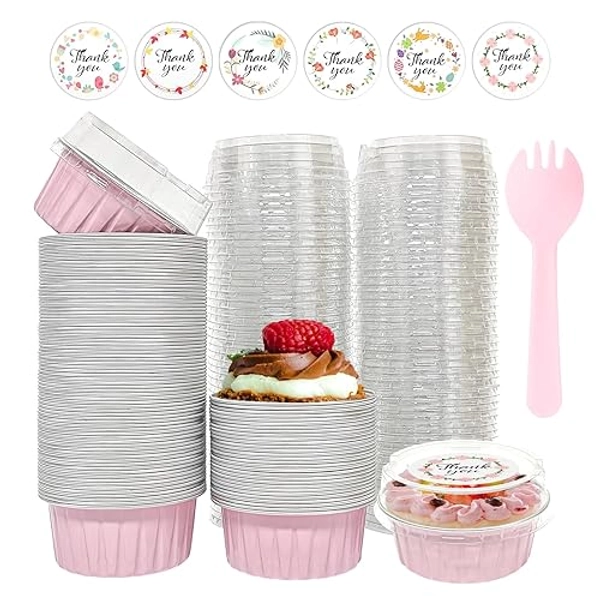 100 PCS Aluminium Foil Baking Cups, Mini Cake Pans with Lids and 100 PCS Spoons, 5 oz Disposable Baking Cups Foil Ramekins For Party Birthday Wedding Valentines (Pink)