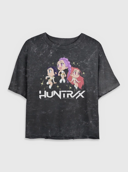 KPop Demon Hunters Chibi Huntrix Floating In Stars Mineral Wash Womens Crop T-Shirt