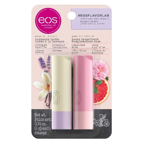 eos flavorlab Stick Lip Balm - Lavender Latte  Sweet Grapefruit - Deeply Hydrates and Seals in Moisture, Sustainably-Sourced Ingredients, 8g, 2-Pack