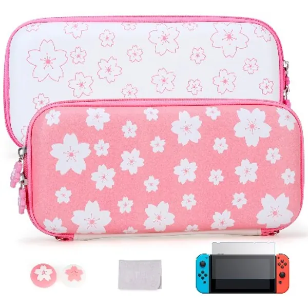 Tscope Carrying Case for Nintendo Switch, Sweet Sakura Flowers Hard Shell Shoulder Portable Travel Storage Bag,  Tempered Glass Screen Protector, Thumb Grip Caps for NS Consolo Joycons (Pink/White)