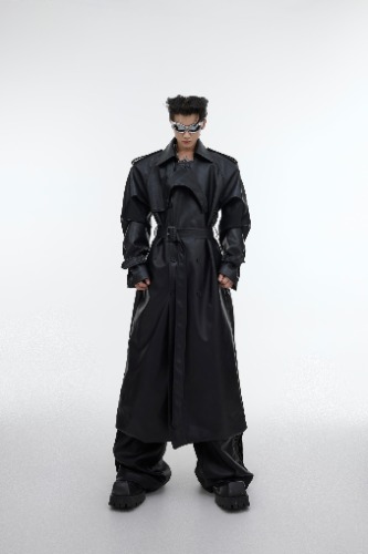 【2Deconstructed Silhouette PU Leather Coat | M / Black